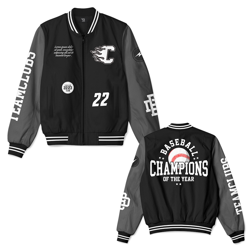 Bomber Jacket-2 Black streetwear bomber jacket with bold tiger head design and ribbed striped collar